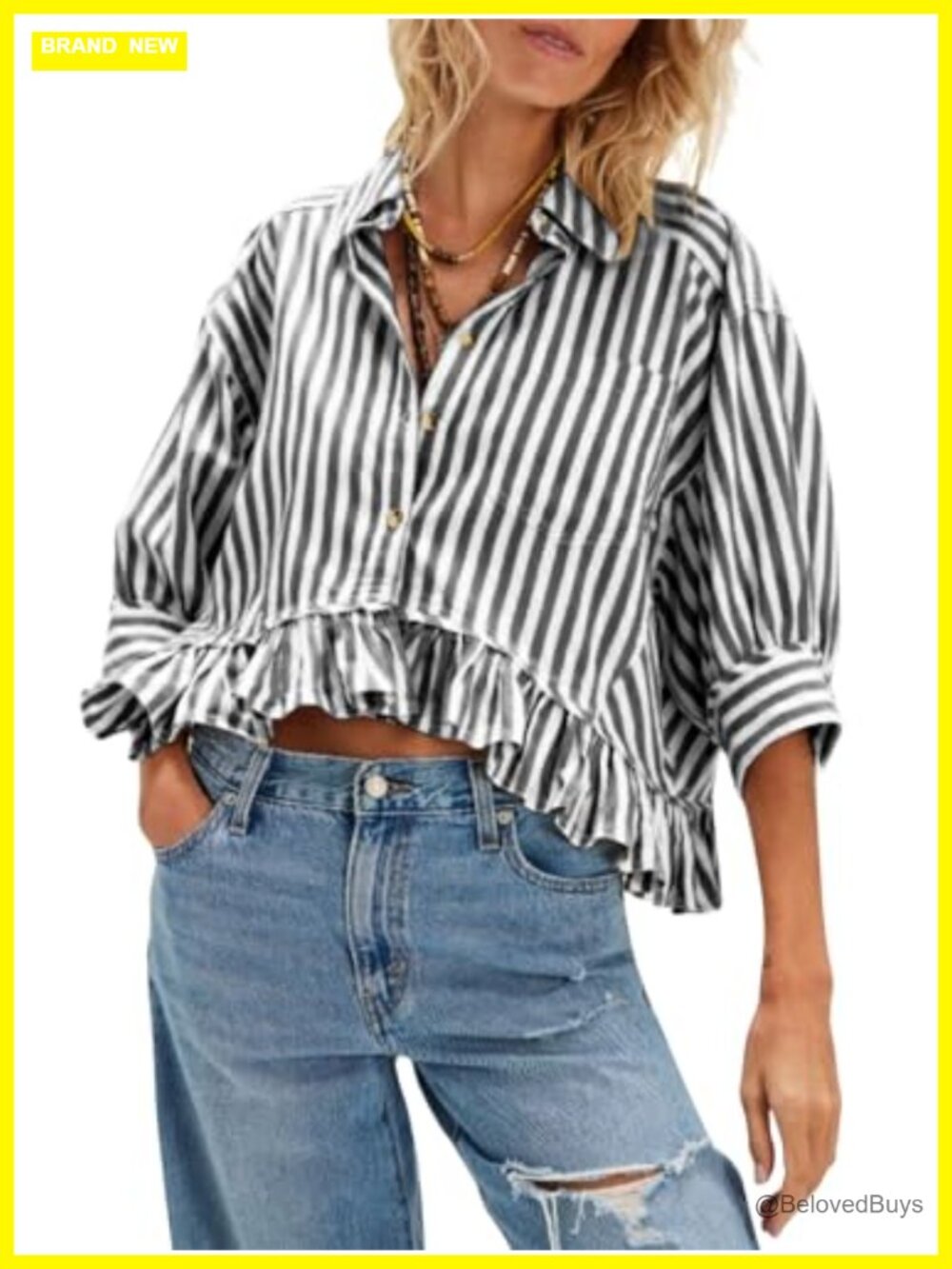 Womens Cropped Striped Button Down Half Sleeve Ruffle Hem V Neck Blouse